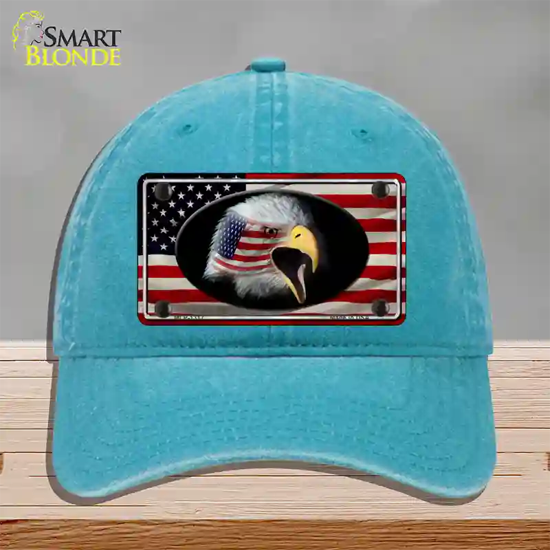 American Flag Eagle Novelty License Plate Hat Unconstructed Cotton / Lake Blue