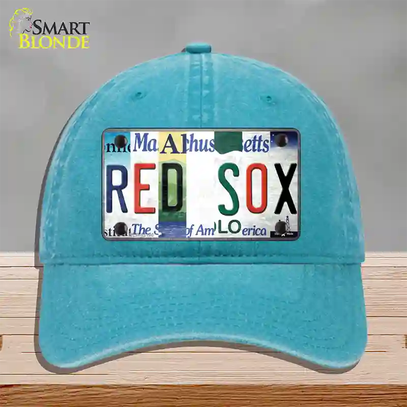 Red Sox Strip Art Novelty License Plate Hat Tag Unconstructed Cotton / Lake Blue