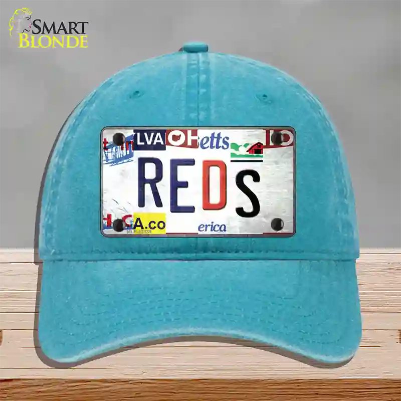 Reds Strip Art Novelty License Plate Hat Tag Unconstructed Cotton / Lake Blue