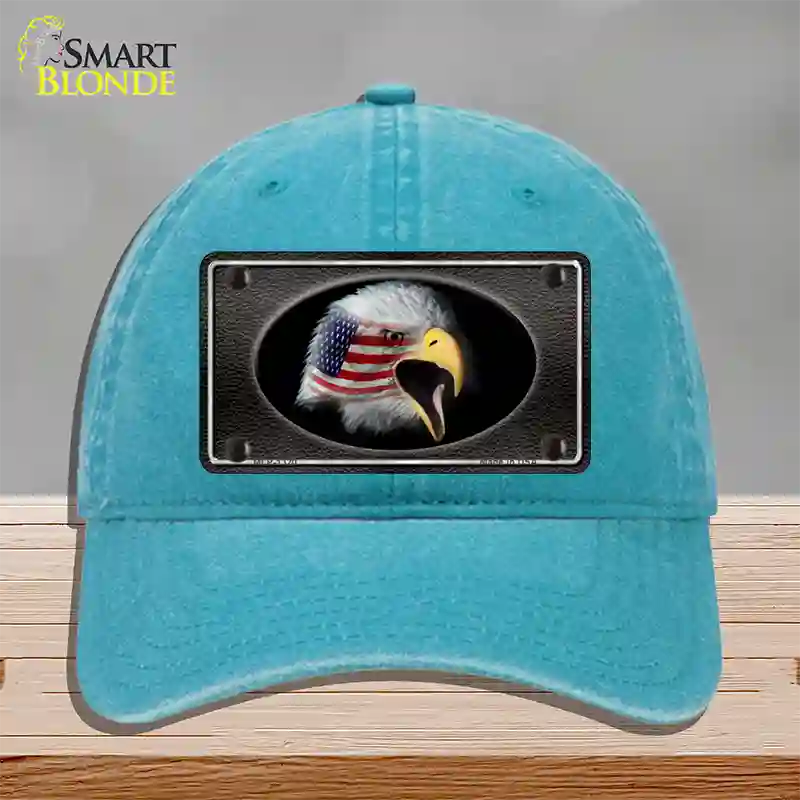 American Flag Eagle Black Novelty License Plate Hat Unconstructed Cotton / Lake Blue