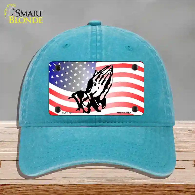 American Flag Praying Hands Novelty License Plate Hat Unconstructed Cotton / Lake Blue