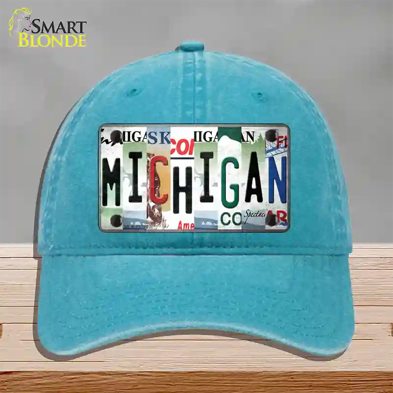 Michigan Strip Art Novelty License Plate Hat Tag Unconstructed Cotton / Lake Blue