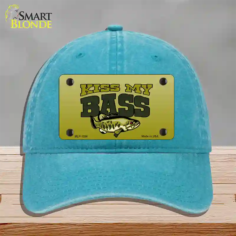 Kiss My Bass Novelty License Plate Hat Unconstructed Cotton / Lake Blue