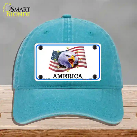 Waving Flag Bald Eagle Novelty License Plate Hat Unconstructed Cotton / Lake Blue