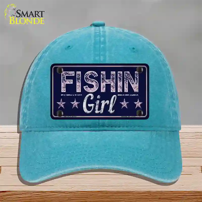 Fishin Girl Novelty License Plate Hat Tag Unconstructed Cotton / Lake Blue