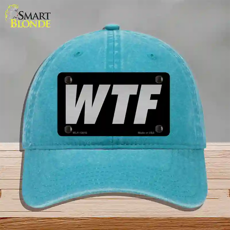 WTF Black Novelty License Plate Hat Tag Unconstructed Cotton / Lake Blue