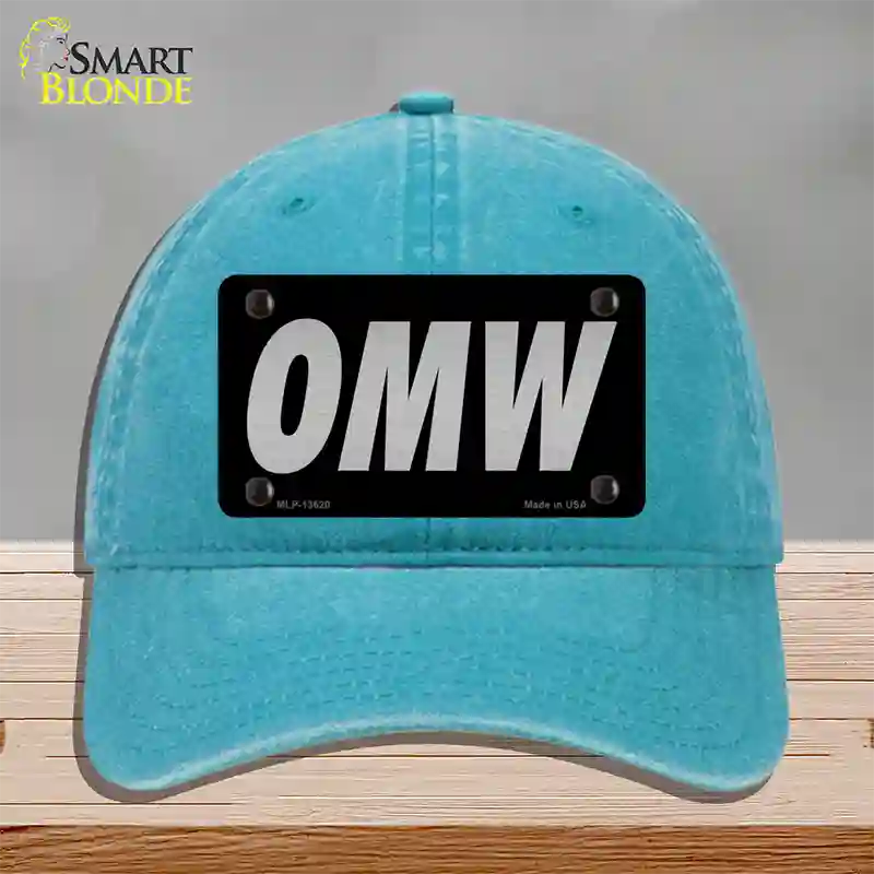 OMW Black Novelty License Plate Hat Tag Unconstructed Cotton / Lake Blue