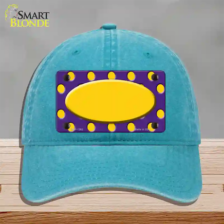 Yellow Purple Polka Dot Center Oval Novelty License Plate Hat Unconstructed Cotton / Lake Blue