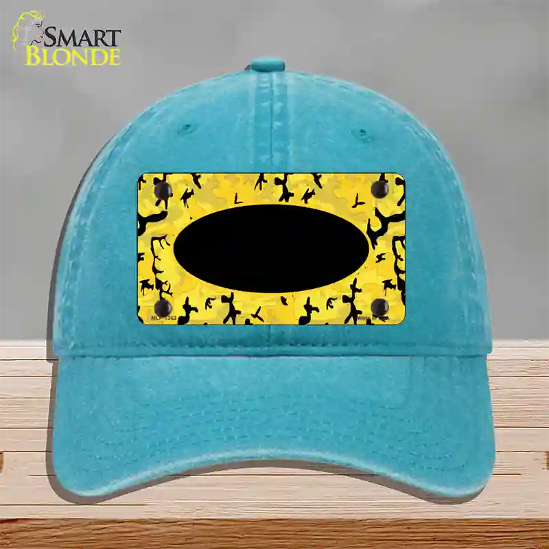 Yellow Black Camouflage With Black Center Oval Novelty License Plate Hat Unconstructed Cotton / Lake Blue