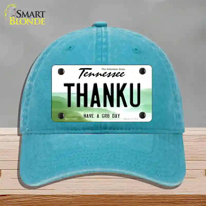 Thank You Novelty License Plate Hat Tag Unconstructed Cotton / Lake Blue