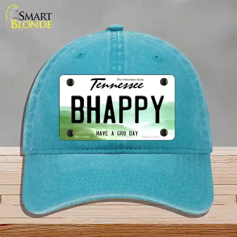 Be Happy Novelty License Plate Hat Tag Unconstructed Cotton / Lake Blue