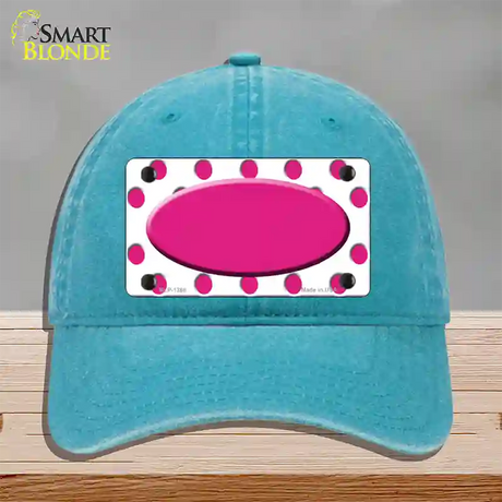 Hot Pink White Polka Dot Center Oval Novelty License Plate Hat Unconstructed Cotton / Lake Blue