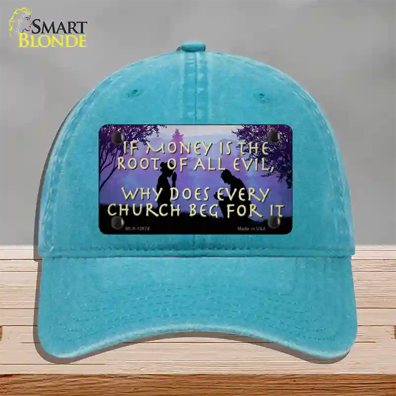 Money Is Root Of All Evil Novelty License Plate Hat Tag Unconstructed Cotton / Lake Blue