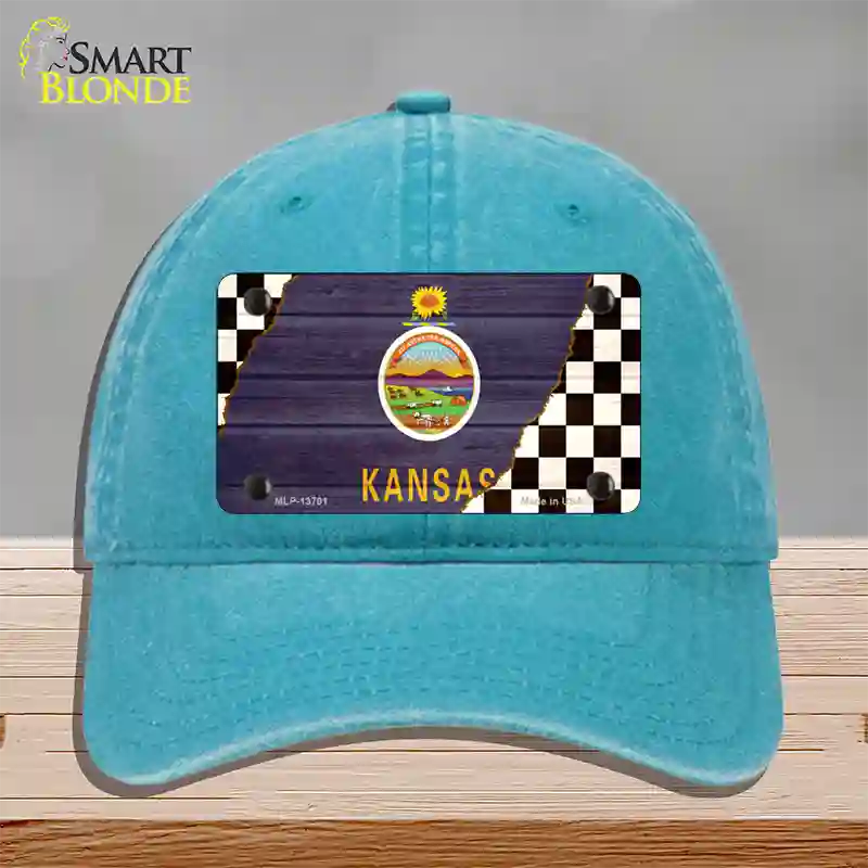 Kansas Racing Flag Novelty License Plate Hat Tag Unconstructed Cotton / Lake Blue