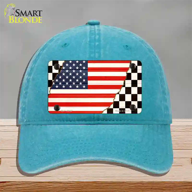 USA Racing Flag Novelty License Plate Hat Tag Unconstructed Cotton / Lake Blue