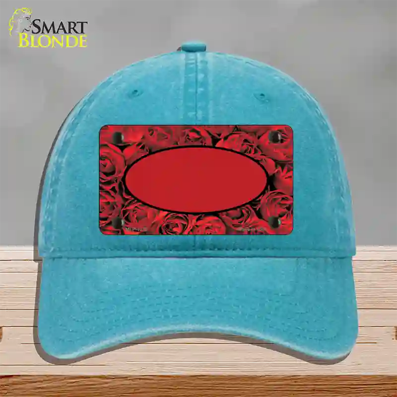 Red Roses With Red Center Oval Novelty License Plate Hat Unconstructed Cotton / Lake Blue