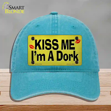 Kiss Me Im A Dork Novelty License Plate Hat Tag Unconstructed Cotton / Lake Blue