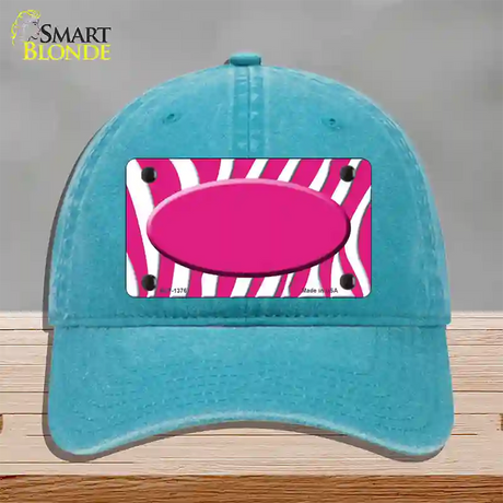 Hot Pink White Zebra Center Oval Novelty License Plate Hat Unconstructed Cotton / Lake Blue