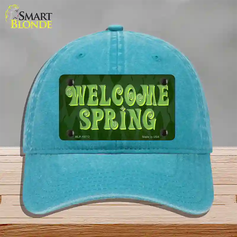 Welcome Spring Novelty License Plate Hat Tag Unconstructed Cotton / Lake Blue