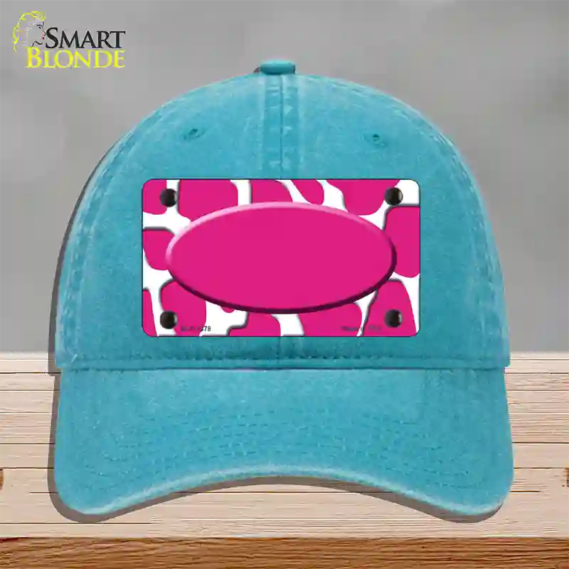 Pink White Giraffe Center Oval Novelty License Plate Hat Unconstructed Cotton / Lake Blue