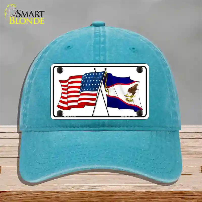 American Samoa USA Crossed Flags Novelty License Plate Hat Tag Unconstructed Cotton / Lake Blue