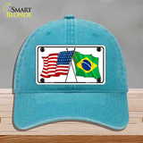 Brazil USA Crossed Flags Novelty License Plate Hat Tag Unconstructed Cotton / Lake Blue