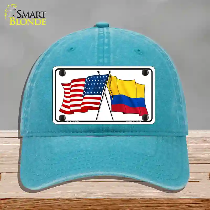 Colombia USA Crossed Flags Novelty License Plate Hat Tag Unconstructed Cotton / Lake Blue