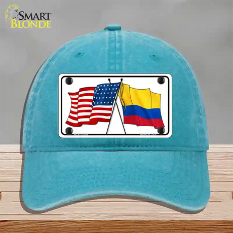 Colombia USA Crossed Flags Novelty License Plate Hat Tag Unconstructed Cotton / Lake Blue