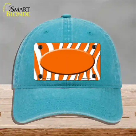 Orange White Zebra Center Oval Novelty License Plate Hat Unconstructed Cotton / Lake Blue