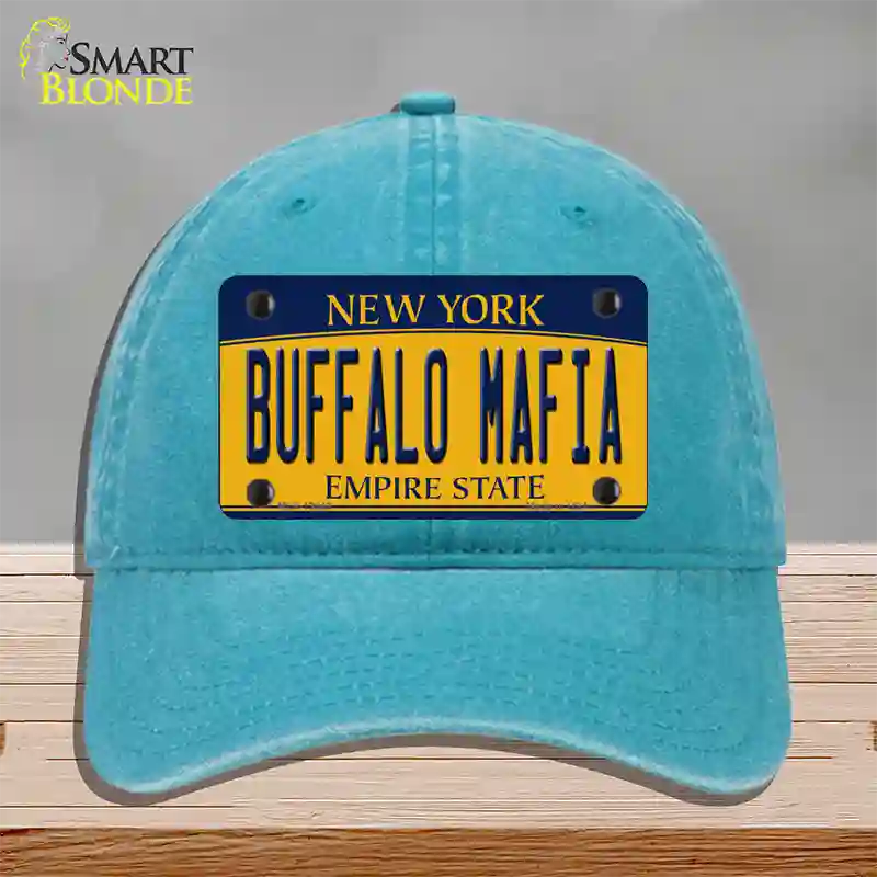 Buffalo Mafia NY Yellow Novelty License Plate Hat Tag Unconstructed Cotton / Lake Blue