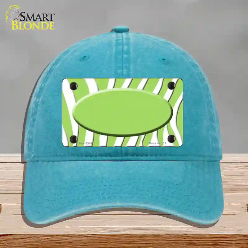 Lime Green White Zebra Center Oval Novelty License Plate Hat Unconstructed Cotton / Lake Blue