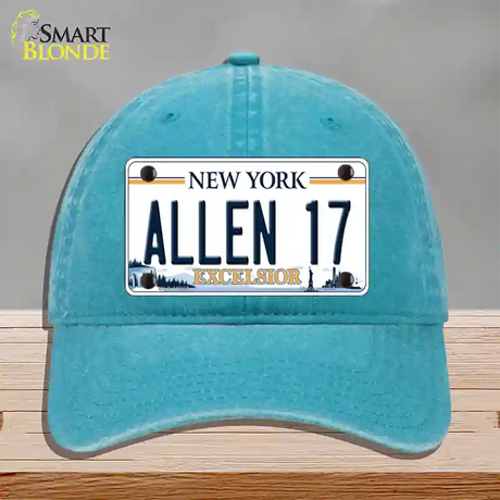 Allen 17 NY Excelsior Novelty License Plate Hat Tag Unconstructed Cotton / Lake Blue