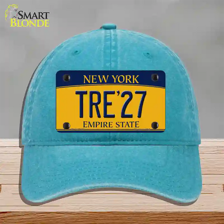 Tre 27 New York Yellow Novelty License Plate Hat Tag Unconstructed Cotton / Lake Blue