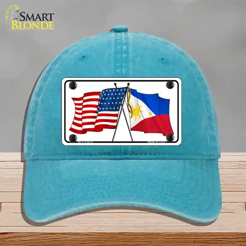 Philippines US Crossed Flag Novelty License Plate Hat Tag Unconstructed Cotton / Lake Blue