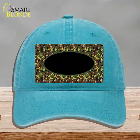 Green Camo Oval With Black Oval Center Novelty License Plate Hat Unconstructed Cotton / Lake Blue