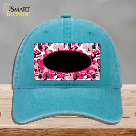 Pink Camo With Black Center Oval Novelty License Plate Hat Unconstructed Cotton / Lake Blue