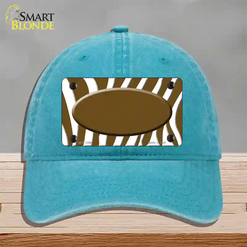 Brown White Zebra Center Oval Novelty License Plate Hat Unconstructed Cotton / Lake Blue