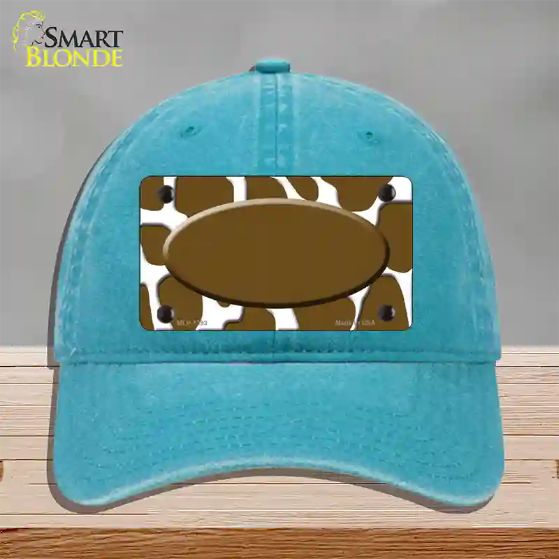 Brown White Giraffe Center Oval Novelty License Plate Hat Unconstructed Cotton / Lake Blue