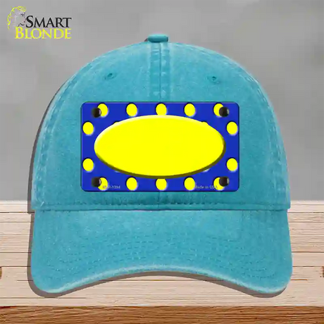 Yellow Royal Blue Polka Dot Center Oval Novelty License Plate Hat Unconstructed Cotton / Lake Blue