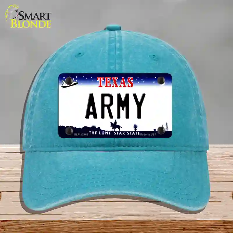 Texas Army Novelty License Plate Hat Tag Unconstructed Cotton / Lake Blue