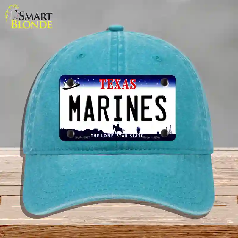 Texas Marines Novelty License Plate Hat Tag Unconstructed Cotton / Lake Blue