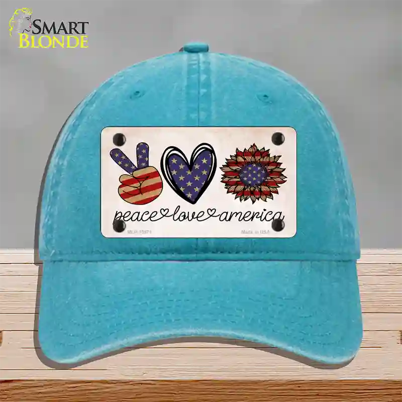 Peace Love America Novelty License Plate Hat Tag Unconstructed Cotton / Lake Blue