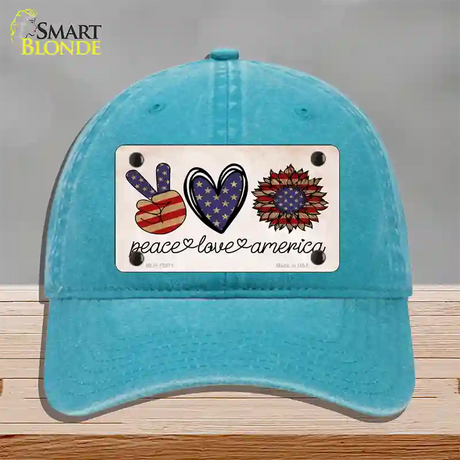 Peace Love America Novelty License Plate Hat Tag Unconstructed Cotton / Lake Blue