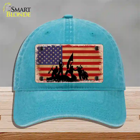 Grunge American Flag with Soldiers Novelty License Plate Hat Tag Unconstructed Cotton / Lake Blue