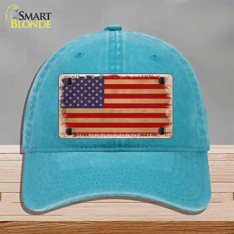 Grunge American Flag Novelty License Plate Hat Tag Unconstructed Cotton / Lake Blue