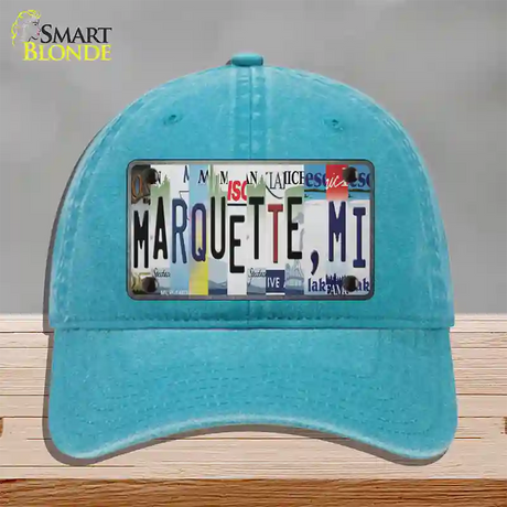 Marquette MI Strip Art Novelty License Plate Hat Tag Unconstructed Cotton / Lake Blue