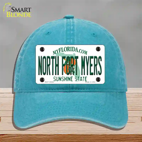 North Fort Myers Florida Novelty License Plate Hat Unconstructed Cotton / Lake Blue