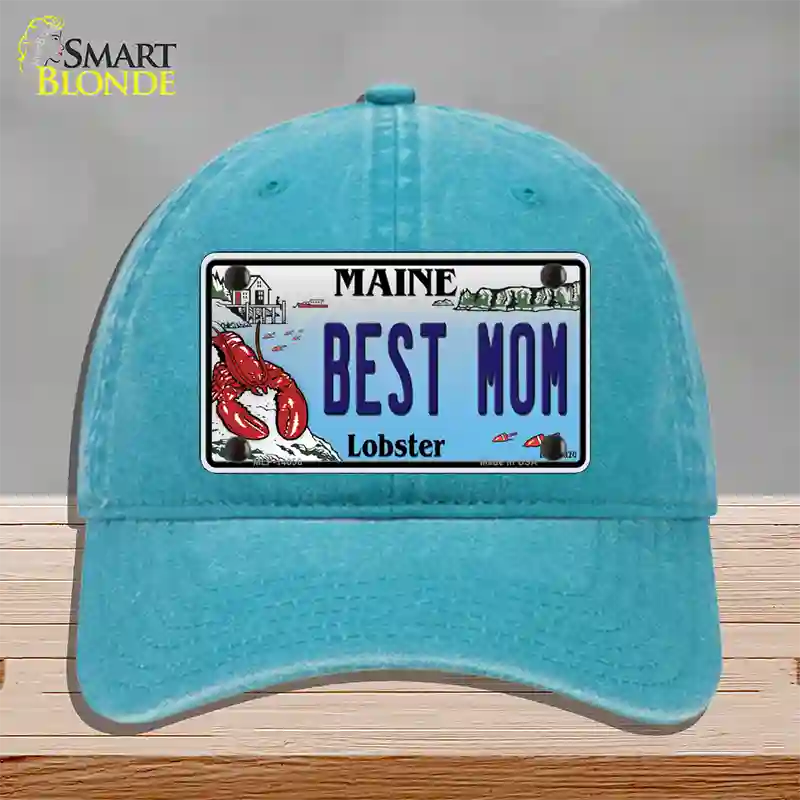 Best Mom Maine Lobster Novelty License Plate Hat Unconstructed Cotton / Lake Blue