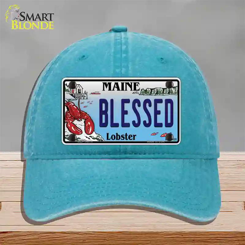 Blessed Maine Lobster Novelty License Plate Hat Unconstructed Cotton / Lake Blue