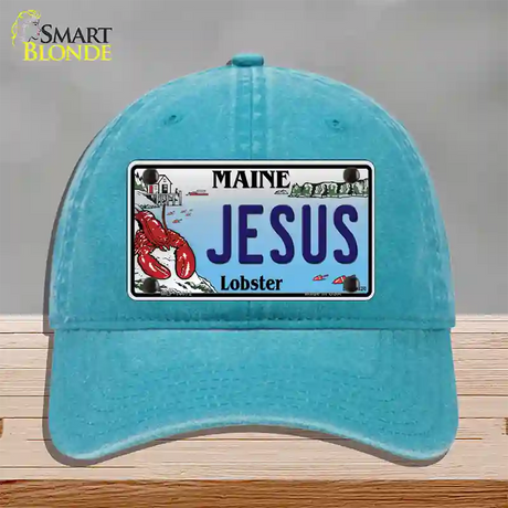 Jesus Maine Lobster Novelty License Plate Hat Unconstructed Cotton / Lake Blue